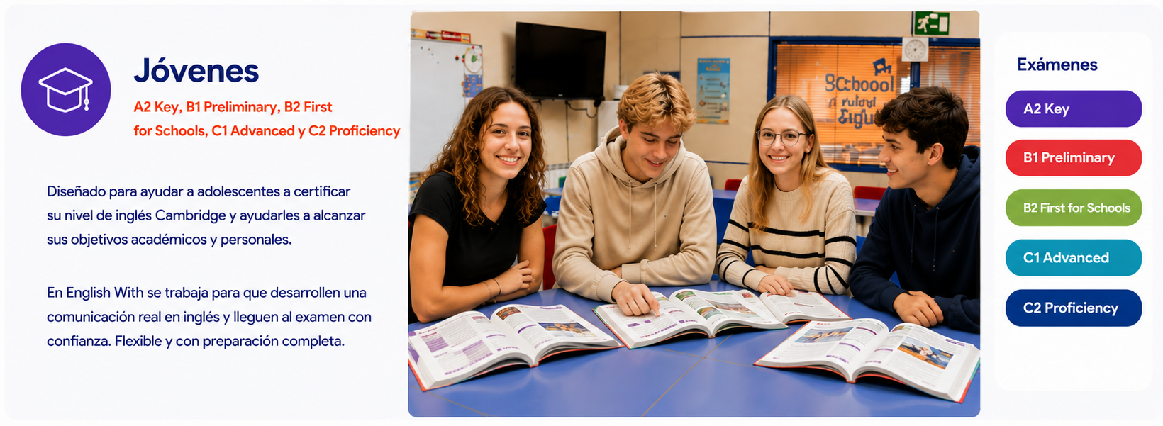 Jóvenes: A2 Key, B1 Preliminary, B2 First for Schools, C1 Advanced y C2 Proficiency. Comunicación real en inglés y preparación para llegar al examen con confianza.