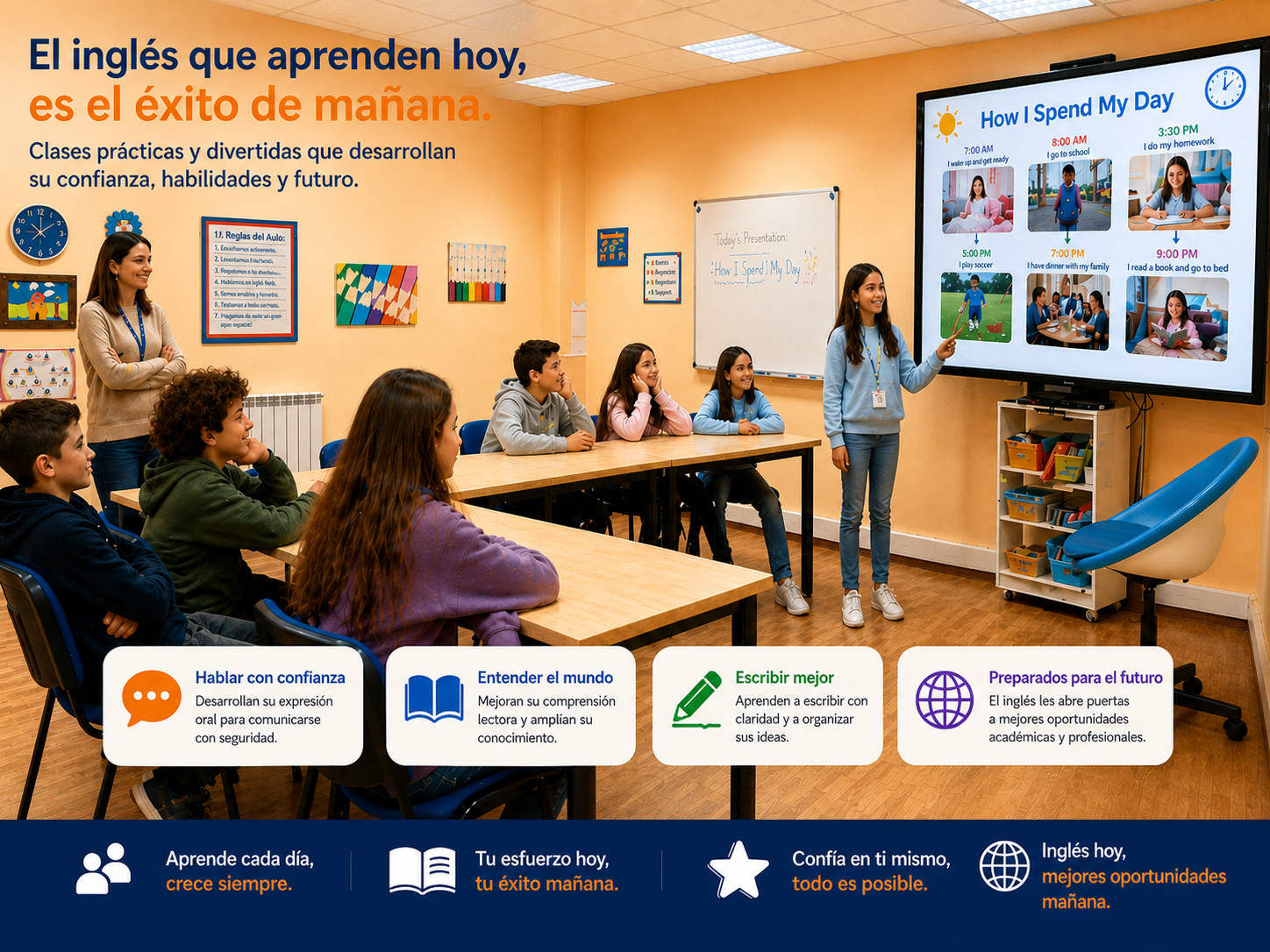 Jóvenes trabajando en proyectos de inglés en English Works