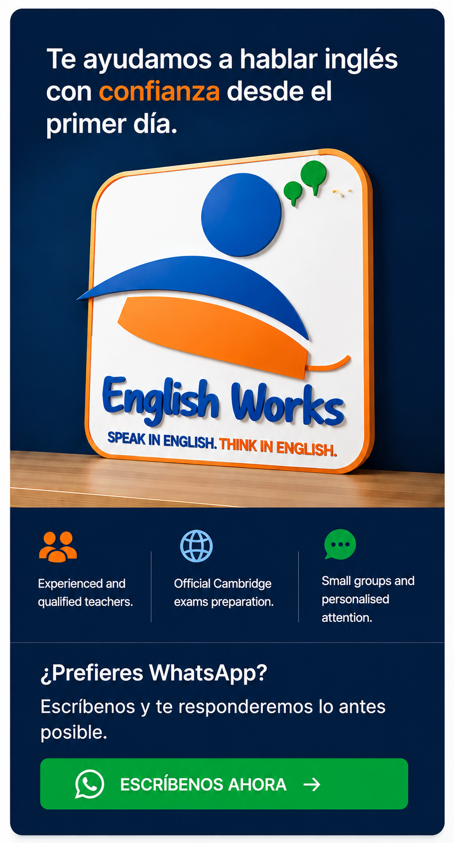 Te ayudamos a hablar inglés con confianza desde el primer día. Profesores cualificados, preparación oficial Cambridge y atención personalizada.