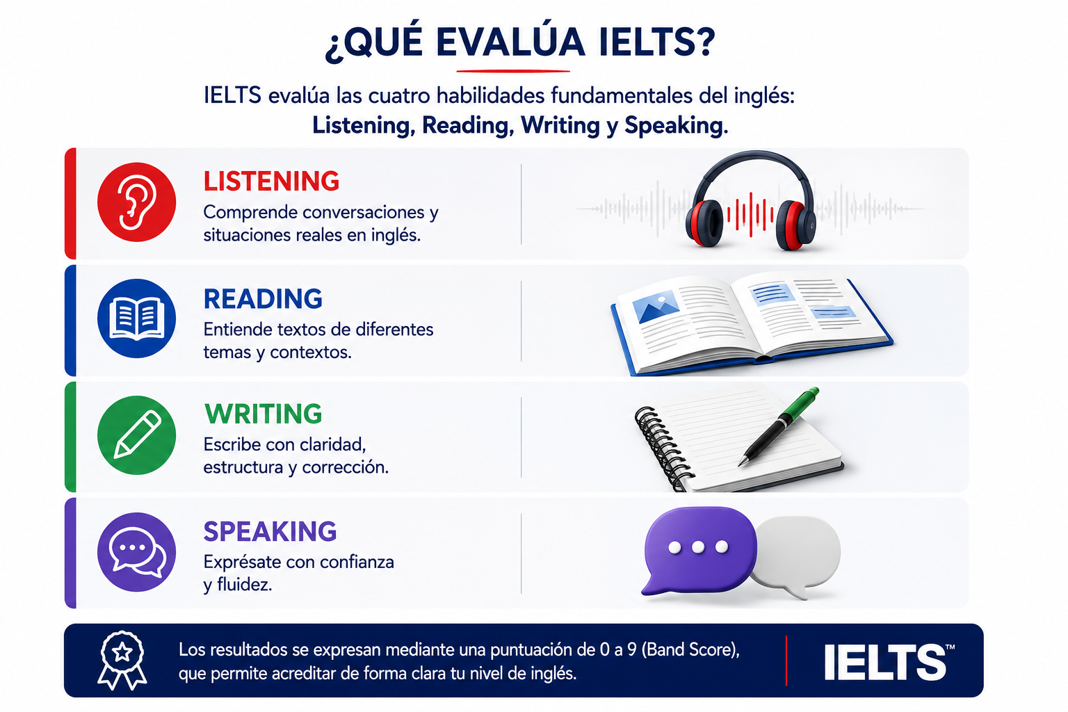IELTS eval&uacute;a Listening, Reading, Writing y Speaking: comprensi&oacute;n oral y escrita, escritura clara y expresi&oacute;n oral con confianza. Los resultados se expresan con una puntuaci&oacute;n de 0 a 9, Band Score.