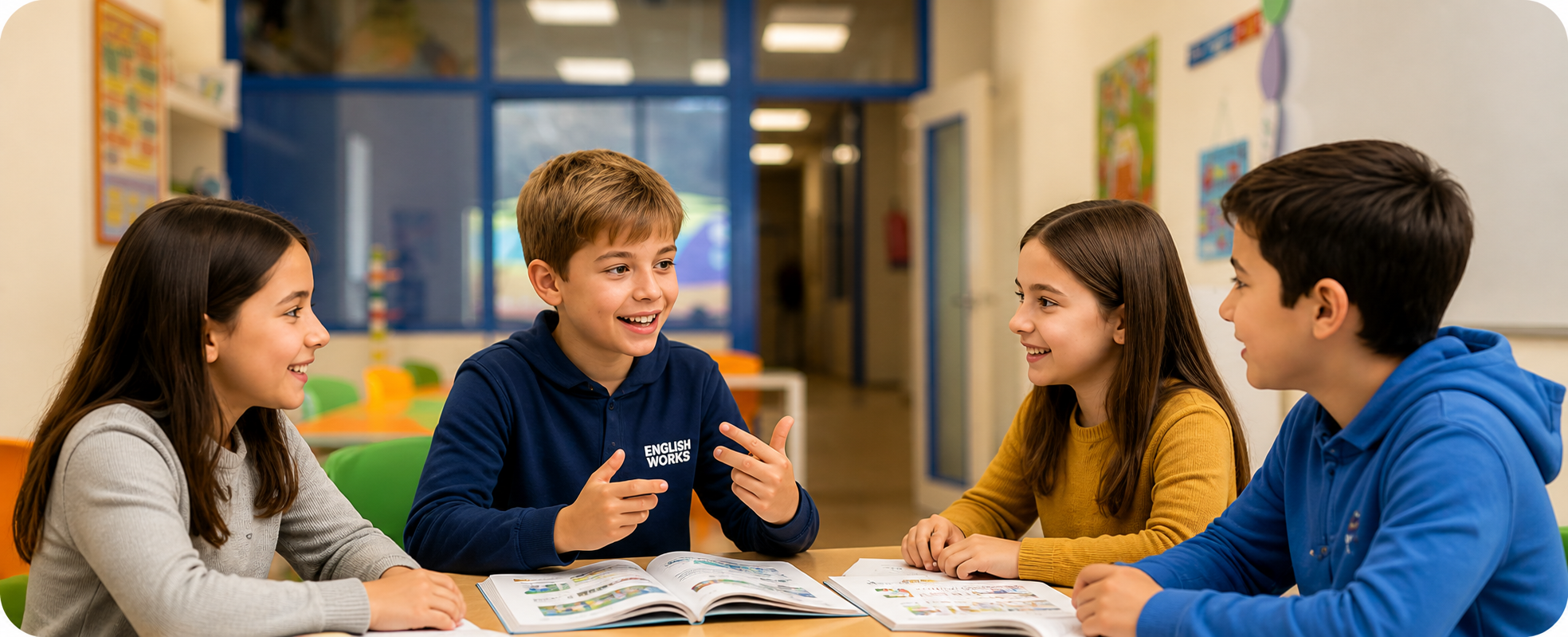 Niños comunicándose en inglés en clase