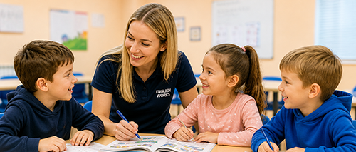 Profesora con niños en clase de inglés