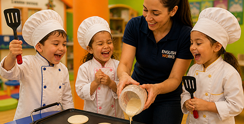 Niños aprendiendo inglés con actividades prácticas