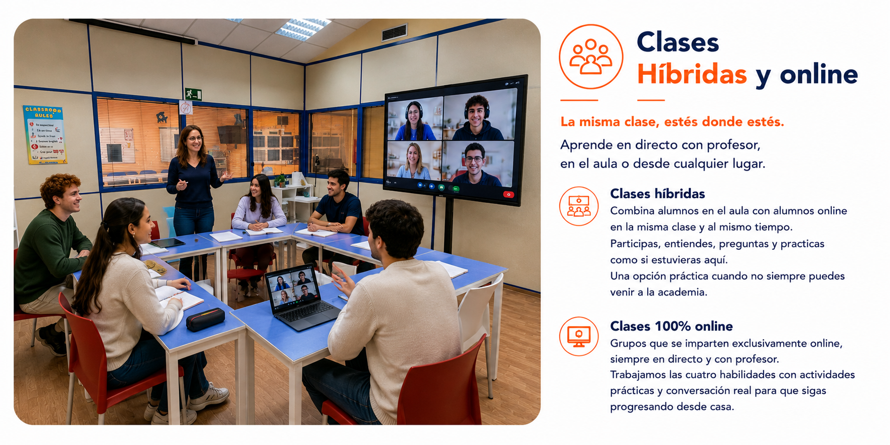 Información sobre las clases híbridas y las clases cien por cien online